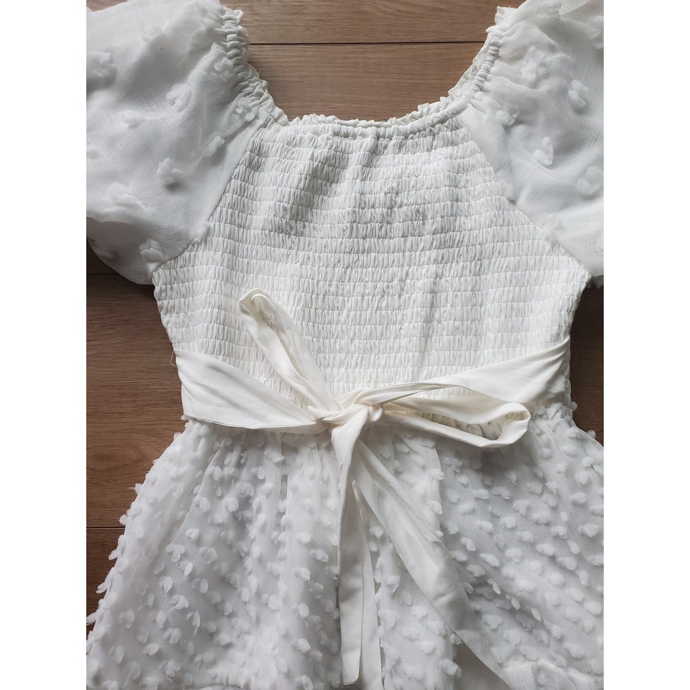 Polagram White Dot Smocked w/ Puff Sleeve Midi Dress Womens Medium NWT - Picture 13 of 16